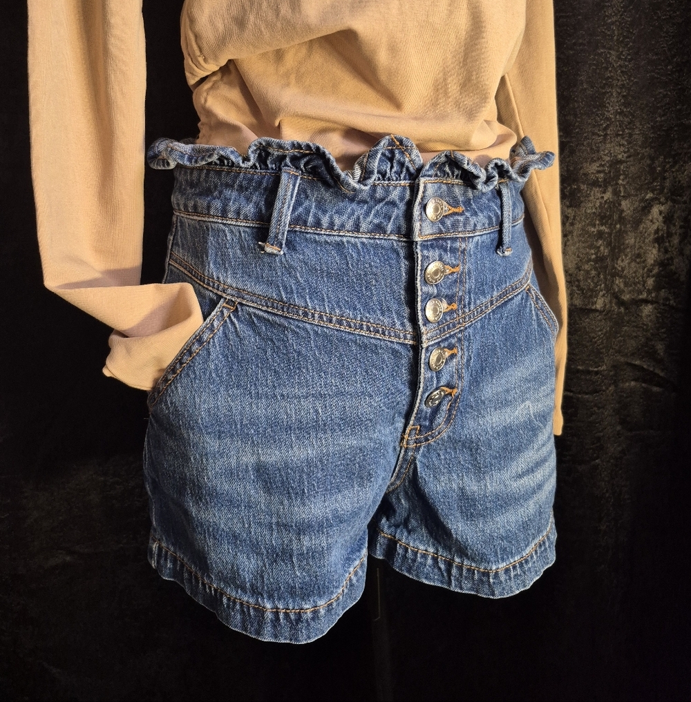 High-Rise Ruffle Waist Denim Shorts - Blue